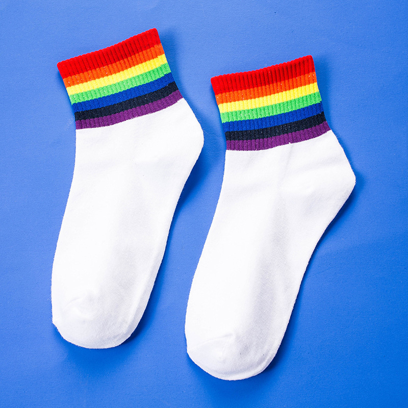 Four Seasons Models Girls Wild Rainbow Pattern Shallow Mouth Socks Breathable Cotton Socks Short Tube Socks Colored Stripes Ms.